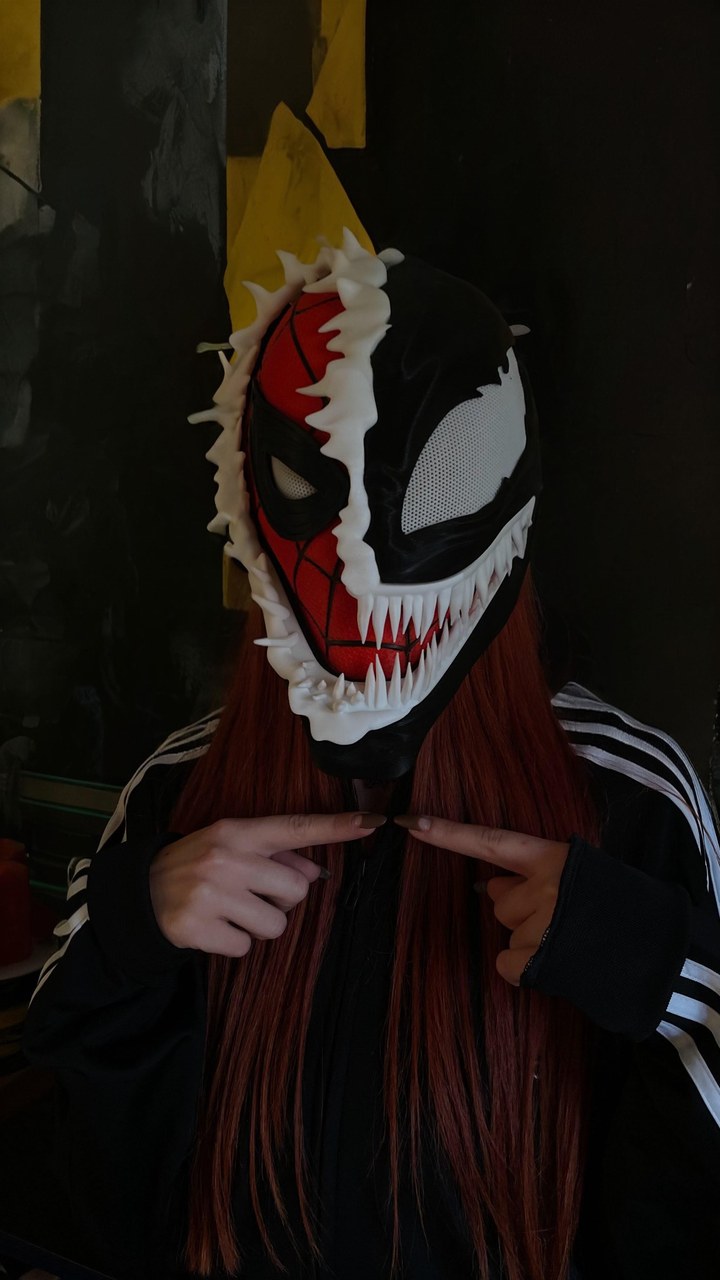 Red, black and white Venomized Spider-Man cosplay mask